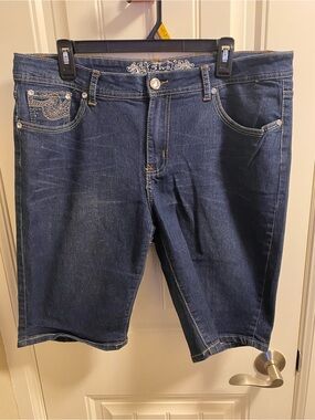 5ive Jungle Jeans 14 Bermuda Shorts Dark Blue Stretch Denim Bling Read
